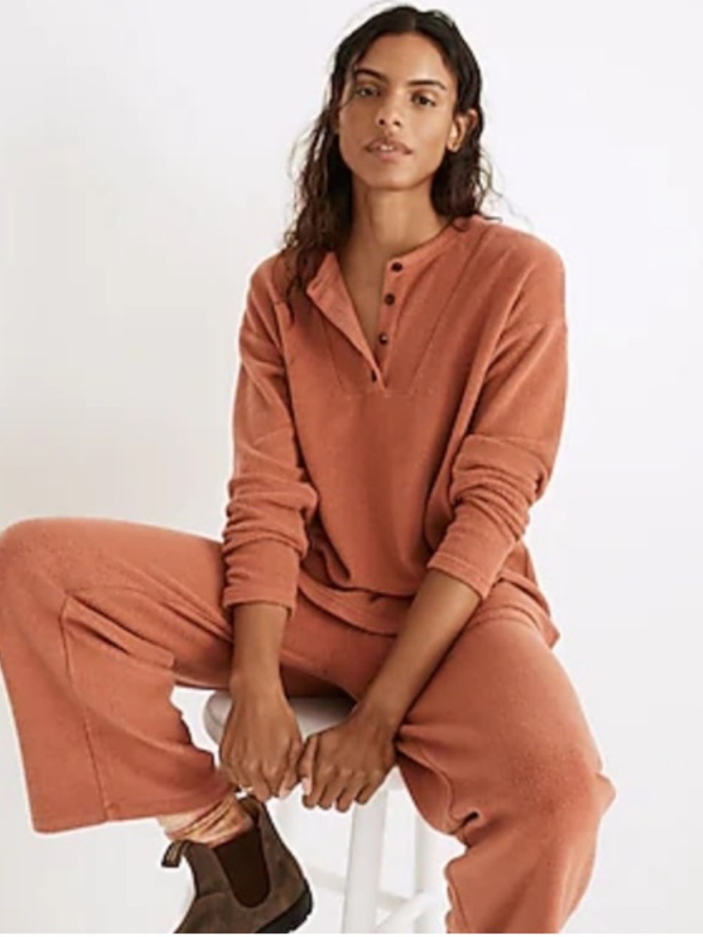 Madewell Brushed Henley Wide Leg knit cozy Set in Rust